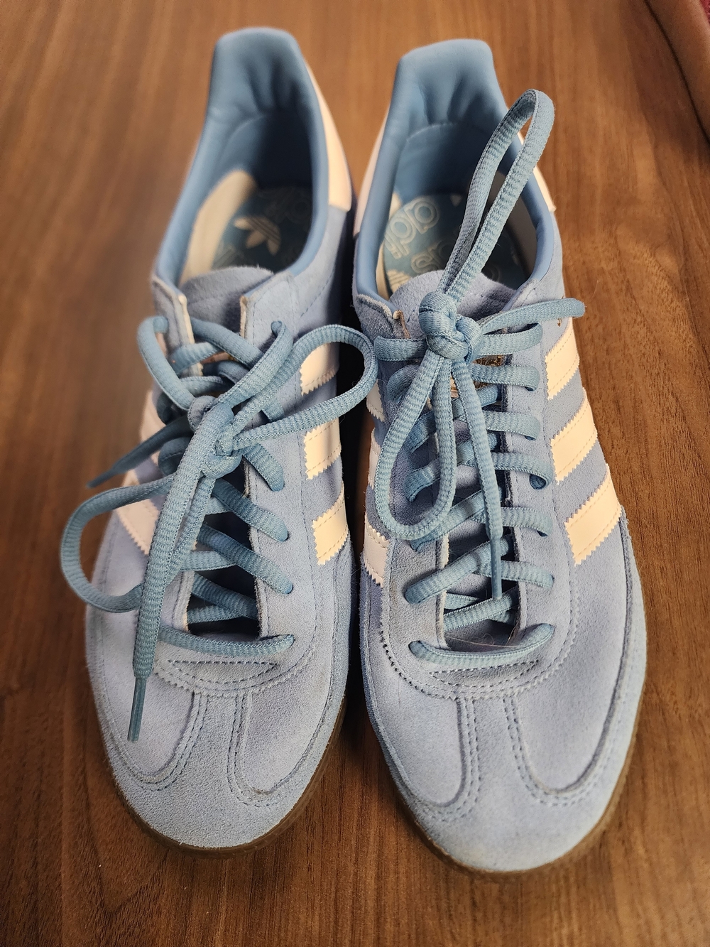 Adidas Women’s Light Blue Suede Sneakers with White Stripes